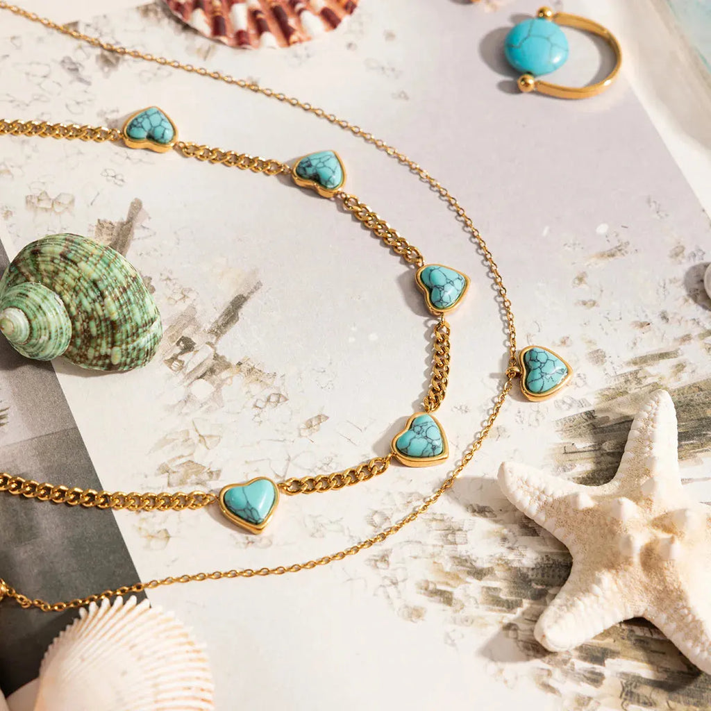 Waterproof Turquoise Heart Gold Necklace - 18K Gold - 7th of April