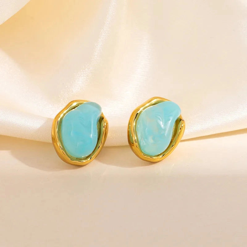 Waterproof Aqua Stone Stud Earrings in 18K gold plated titanium steel