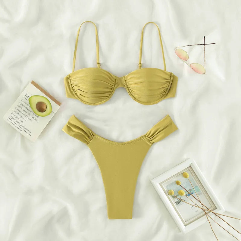 Chartreuse Isla Verde Textured Bikini Set - Two Piece set on a white surface with decorative items | 7th of April