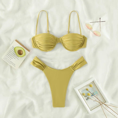 Chartreuse Isla Verde Textured Bikini Set - Two Piece set on a white surface with decorative items | 7th of April