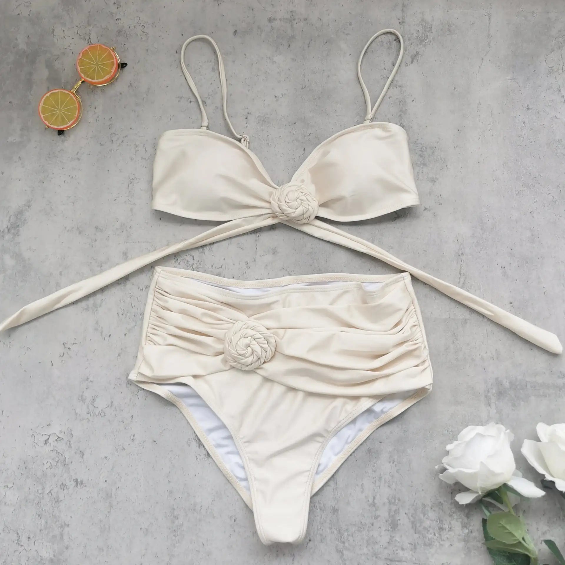 Cream Isla Bonita Rose Bikini Set - High Waisted Two Piece