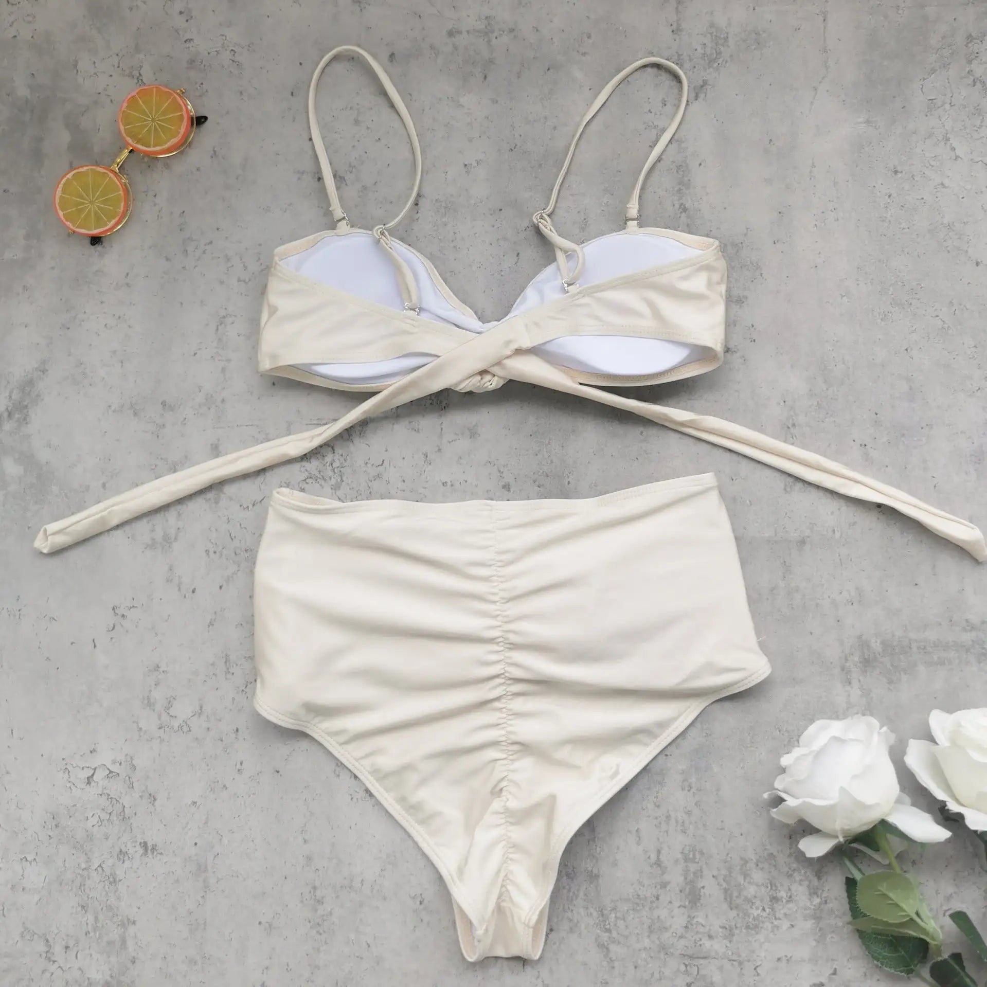 Cream Isla Bonita Rose Bikini Set - High Waisted Two Piece