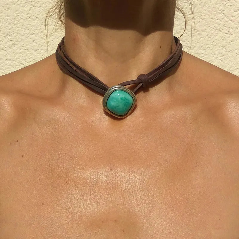 Retro Square Turquoise Leather Choker with vintage alloy pendant| 7th of April