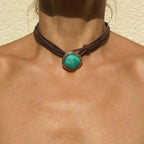 Retro Square Turquoise Leather Choker with vintage alloy pendant| 7th of April