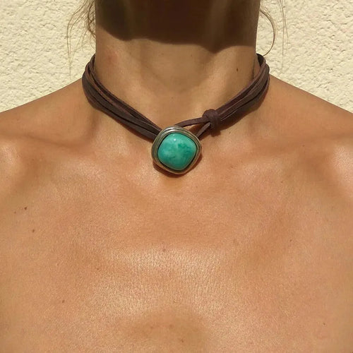 Retro Square Turquoise Leather Choker with vintage alloy pendant| 7th of April