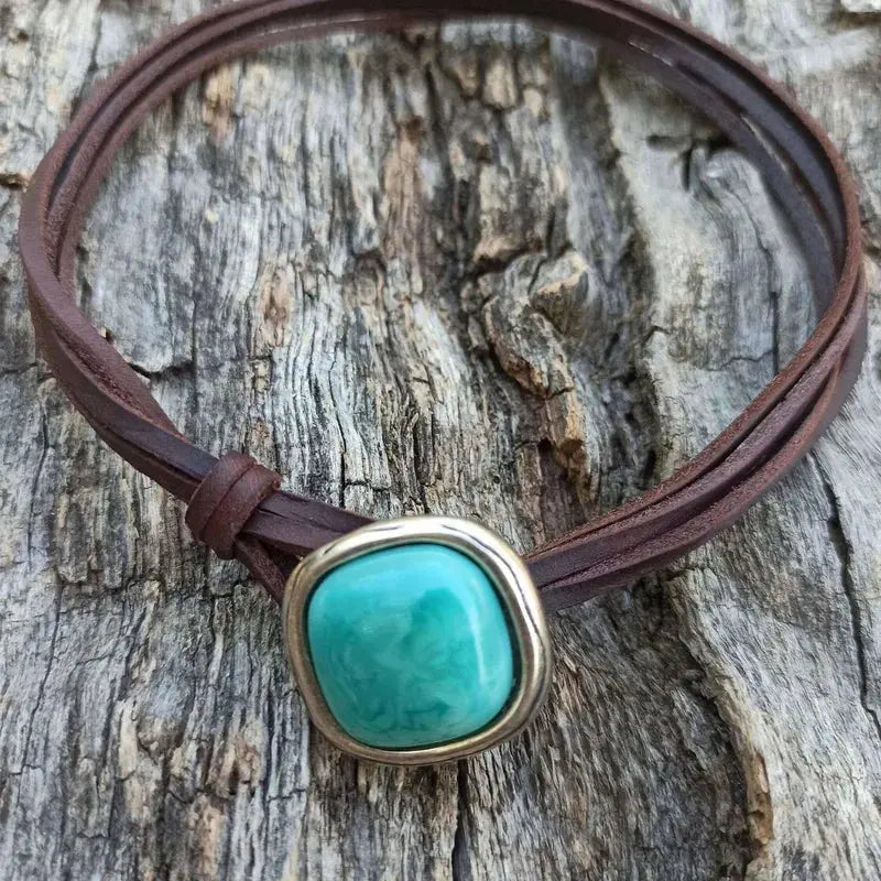 Retro Square Turquoise Leather Choker with vintage alloy pendant