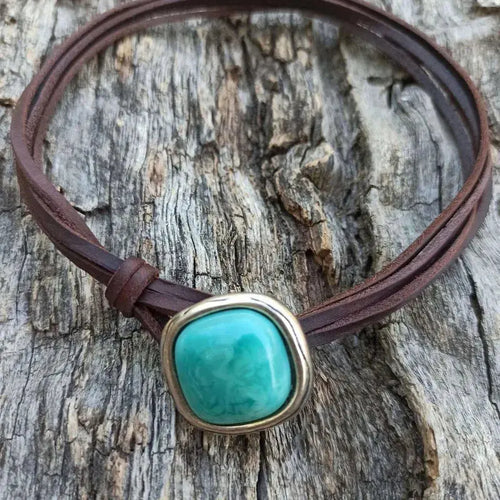Retro Square Turquoise Leather Choker with vintage alloy pendant