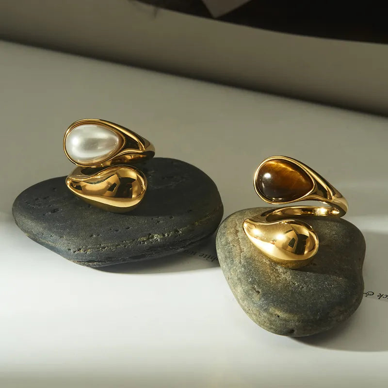 Two Waterproof Gold Pearl Statement Band Ring in 18K gold plated stainless steel with gemstones on stones