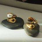 Two Waterproof Gold Pearl Statement Band Ring in 18K gold plated stainless steel with gemstones on stones