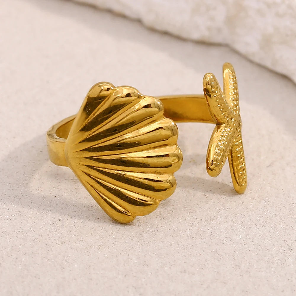 Waterproof Gold Seashell Statement Band Ring - 18K Gold