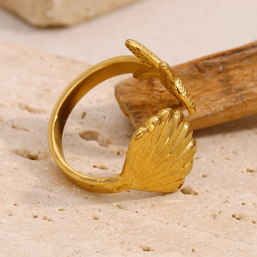 Waterproof Gold Seashell Statement Band Ring - 18K Gold