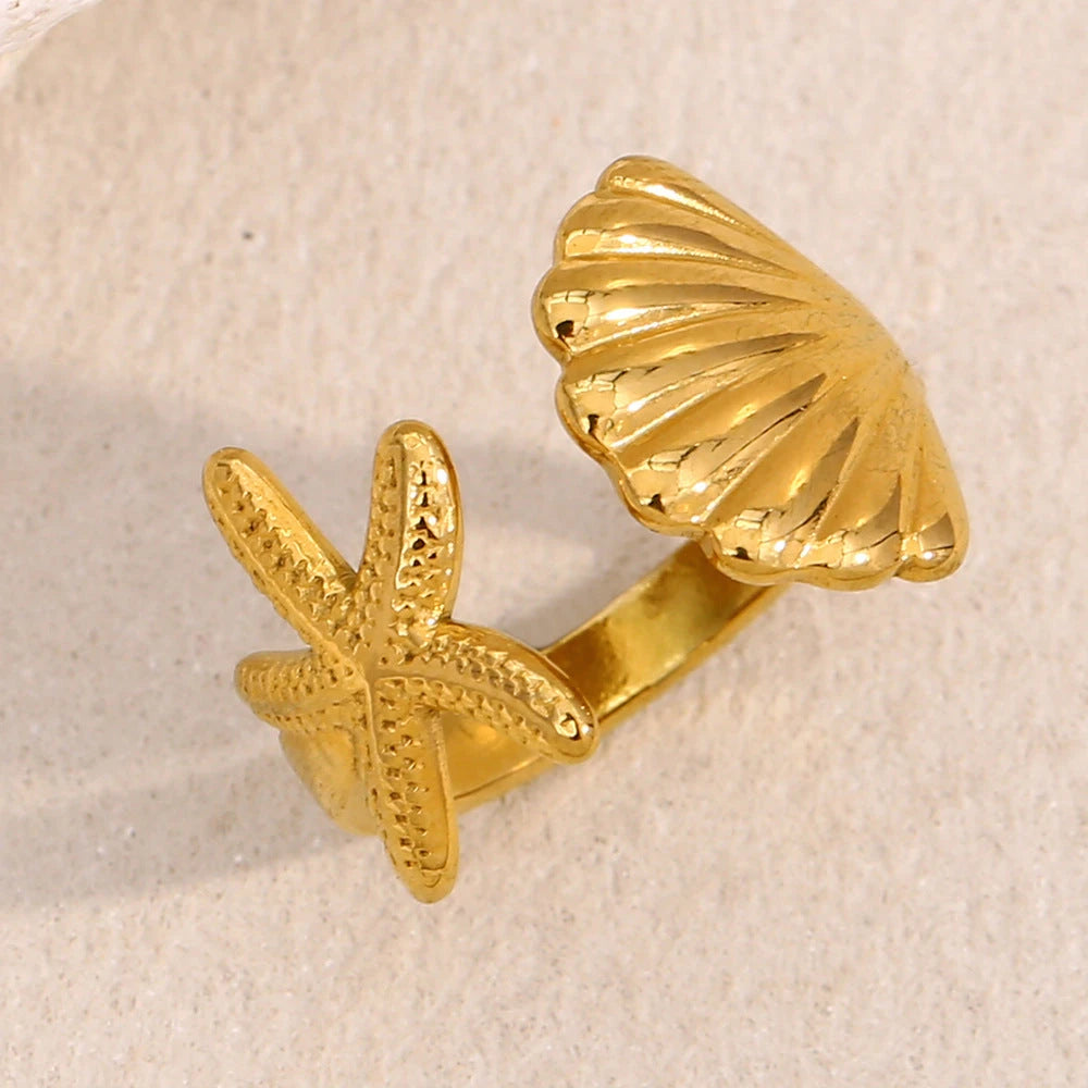 Waterproof Gold Seashell Statement Band Ring - 18K Gold