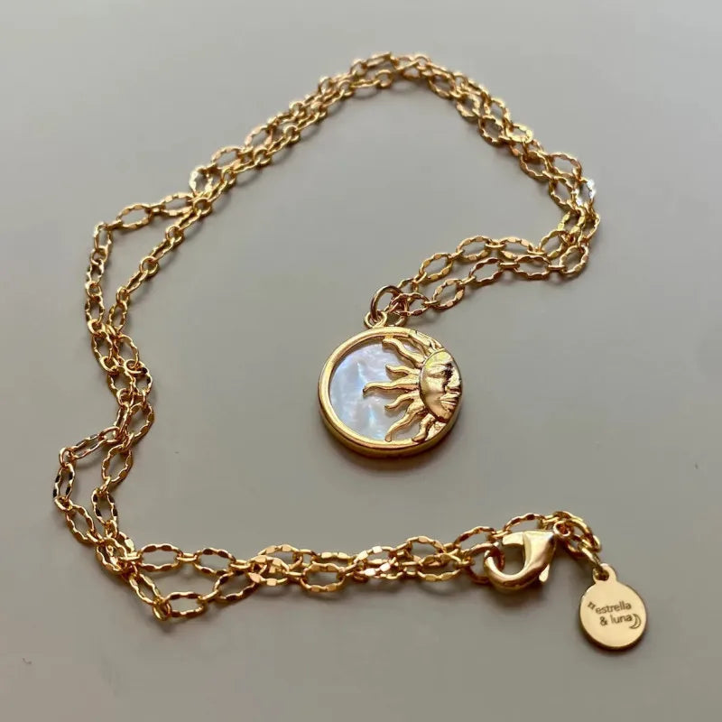 Waterproof Sol Gold Sun Charm Necklace in 18K gold plated stainless steel | 7th of April