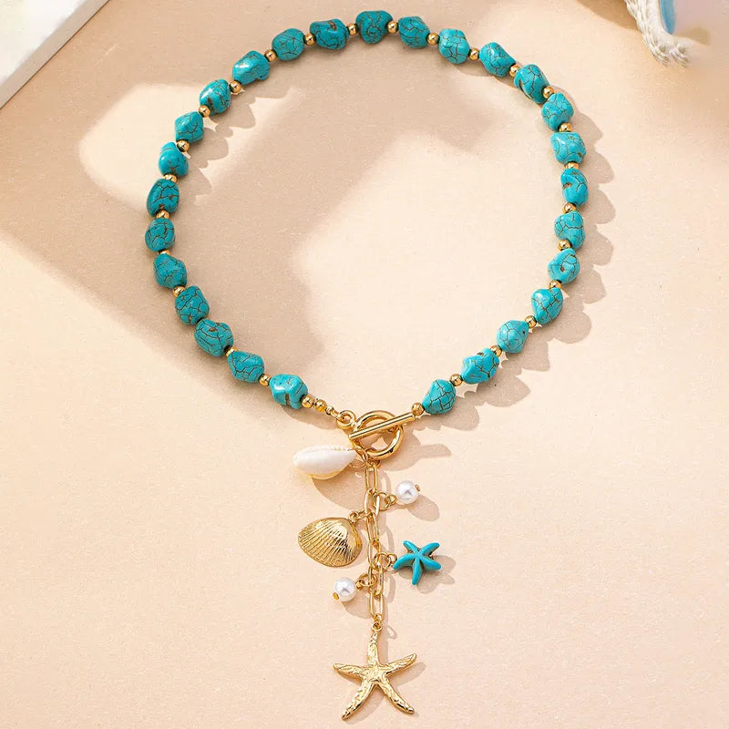 Waterproof Turquoise Starfish Gold Necklace in 18K gold plated stainless steel | 7th of April